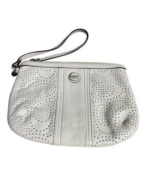 Coach White Perforated Leather Wristlet Signature C Logo Clutch Minimalist